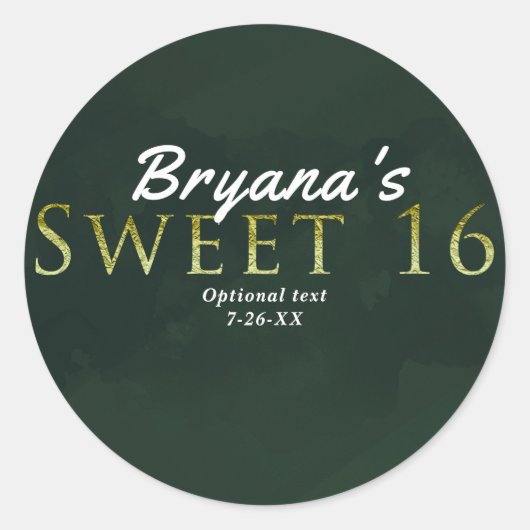 Groen ZOET 16 Chique Elegant Verjaardagsfeestje Fa Ronde Sticker (Voorkant)