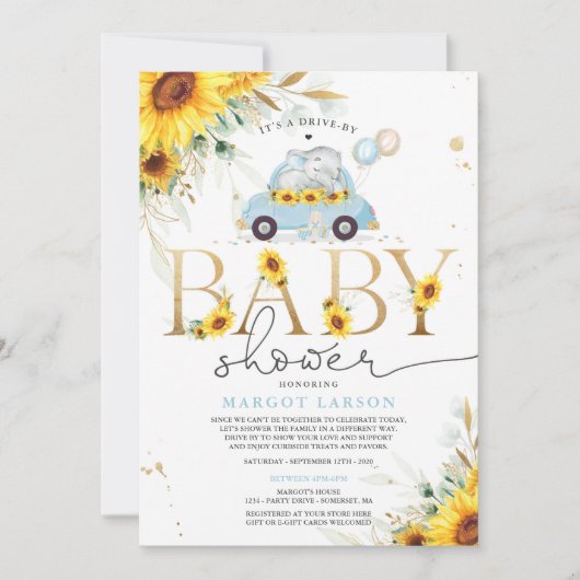 Groen Zonnebloem Olifant rijden door Baby shower Kaart (Voorkant)