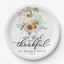Groen Zonnebloemen Witte Pompoen Thanksgiving Papieren Bordje