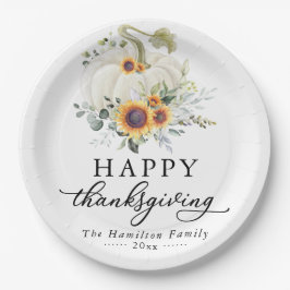 Groen Zonnebloemen Witte Pompoen Thanksgiving Papieren Bordje