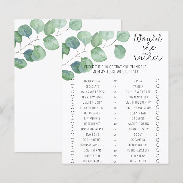 Groen - Zou ze liever baby shower spel (Voorkant / Achterkant)