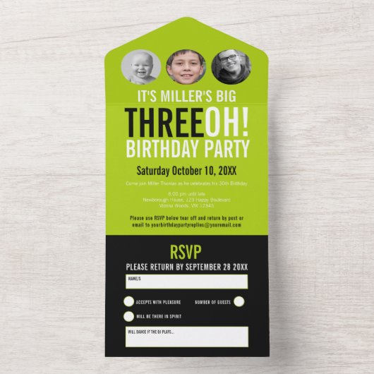 Groen zwart 30ste Verjaardag feest aangepaste foto All In One Uitnodiging (Binnen)