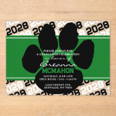 Groen & Zwart Afstuderen Pawprint Frosted Acryl Uitnodigingen (Voorkant)