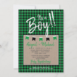 Groen + Zwart Baby Boy Buffalo Plaid Baby shower Kaart