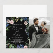 Groen Zwart Bloemen Bruiloft Uitnodigingen met fot (Voorkant / Achterkant)