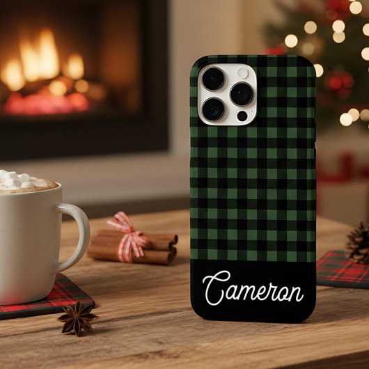 Groen & Zwart Buffalo Plaid Aangepaste Naam Case-Mate iPhone Case