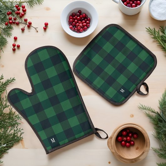 Groen & Zwart Checkerboard Buffel Plaid Monogram Ovenwant & Pannenlap Set