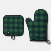 Groen & Zwart Checkerboard Buffel Plaid Monogram Ovenwant & Pannenlap Set (Voorkant)
