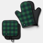 Groen & Zwart Checkerboard Buffel Plaid Monogram Ovenwant & Pannenlap Set (Voorkant / Achterkant)