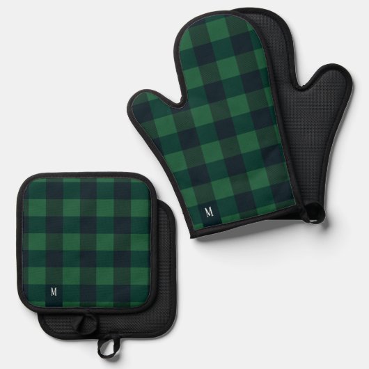 Groen & Zwart Checkerboard Buffel Plaid Monogram Ovenwant & Pannenlap Set (Voorkant / Achterkant)