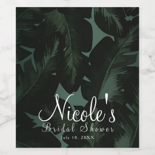 Groen & Zwart Chique Tropische Bladeren Trouwwijn Wijn Etiket (Enkel label)