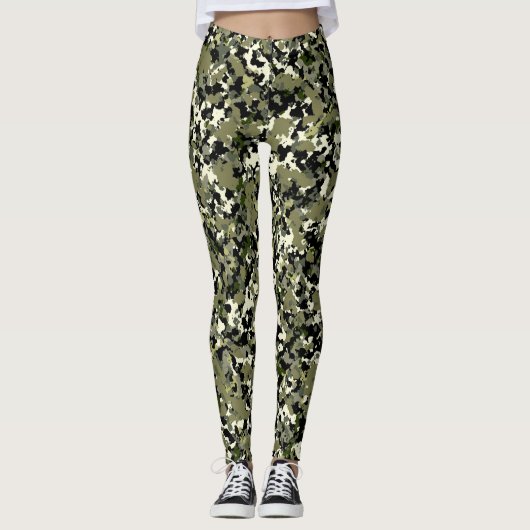 Groen zwart Cream Camouflage Patroon afdrukken Leggings (Voorkant)