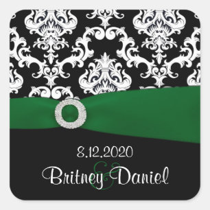 Groen & Zwart Damast Bruiloft Envelop Afdichtingen Vierkante Sticker