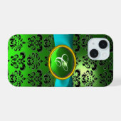 GROEN ZWART DAMAST GEM MONOGRAM Aqua Blauwe Lint iPhone 15 Hoesje (Achterkant horizontaal)