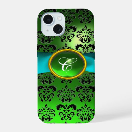 GROEN ZWART DAMAST GEM MONOGRAM Aqua Blauwe Lint iPhone 15 Hoesje (Achterkant)