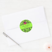 GROEN ZWART DAMAST MONOGRAM, rode robijn Ronde Sticker (Envelop)