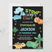 Groen Zwart Dinosaurus Verjaardag Uitnodigingen (Voorkant)