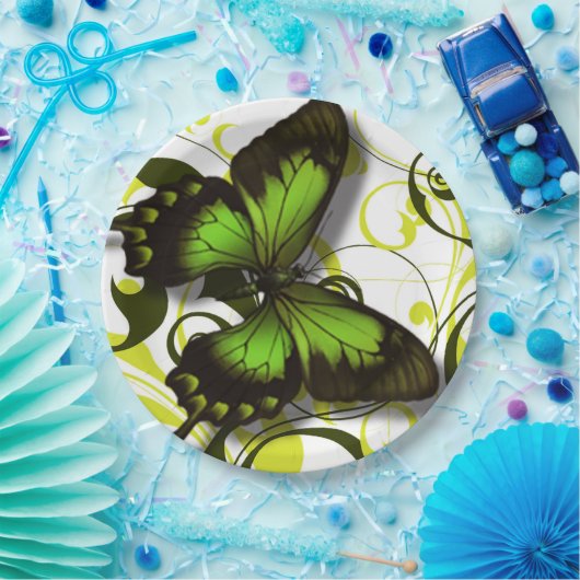 Groen Zwart en Geel Vlinder Kunstwerk Scrolls Papieren Bordje (Feest)