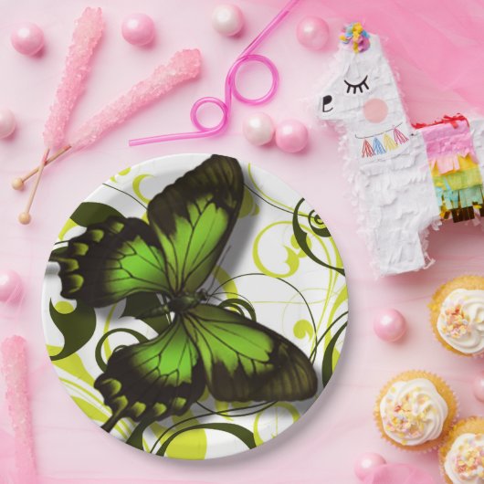 Groen Zwart en Geel Vlinder Kunstwerk Scrolls Papieren Bordje (Feest)