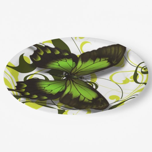 Groen Zwart en Geel Vlinder Kunstwerk Scrolls Papieren Bordje (Gekanteld)