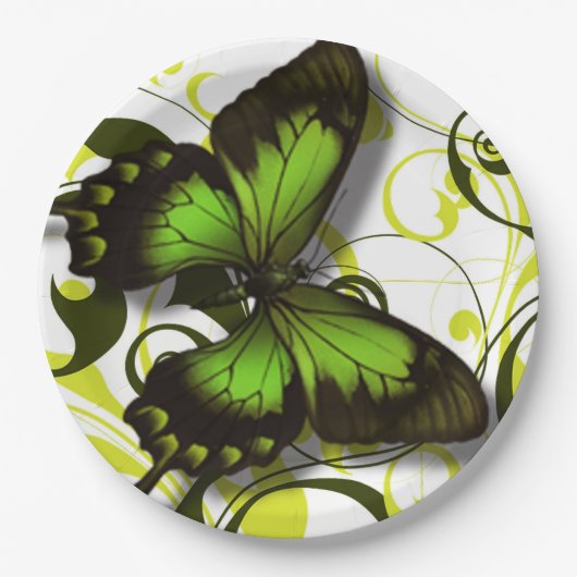 Groen Zwart en Geel Vlinder Kunstwerk Scrolls Papieren Bordje (Voorkant)