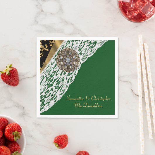 Groen zwart en goud wit kant bruiloft servet (Insitu)