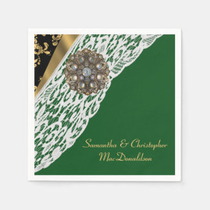 Groen zwart en goud wit kant bruiloft servet