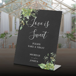 Groen zwart en wit Love Is Sweet Favors Reclamebord Met Voetstuk