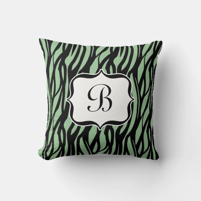 Groen, Zwart en Wit Zebra Monogram Kussen (Voorkant)