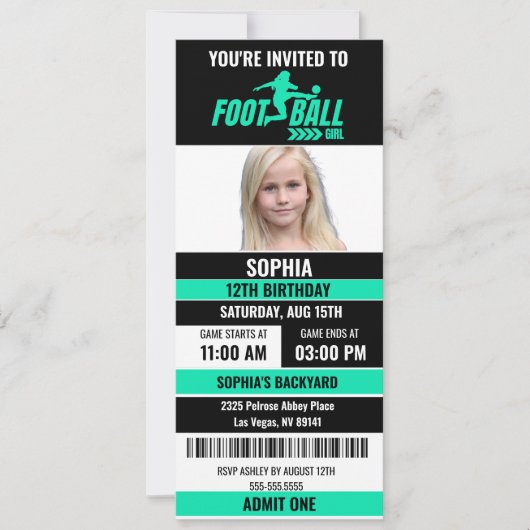 Groen Zwart Football Ticket Verjaardagsfoto Kaart (Voorkant)