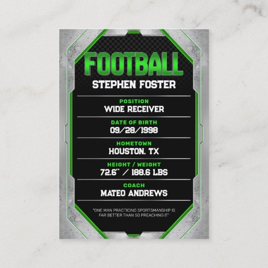 Groen Zwart Football Trading Kaart Football Speler Contactkaartje (Achterkant)