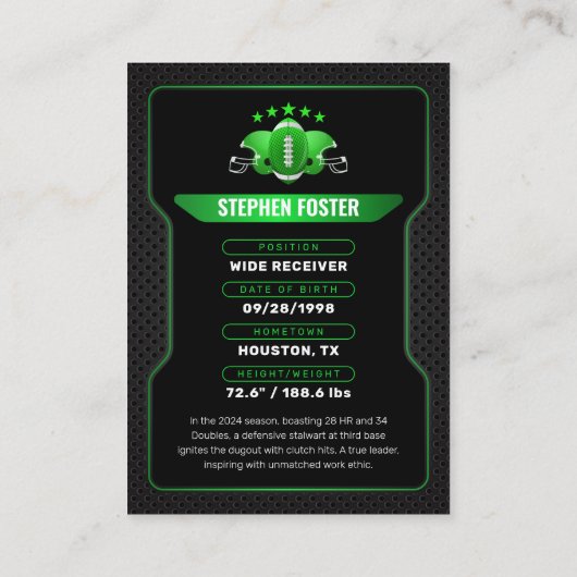 Groen & Zwart Football Trading Kaart Player Foto Contactkaartje (Achterkant)