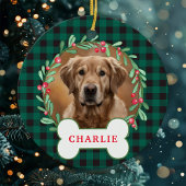 Groen & zwart geplakt hond Foto Kerst Krans Keramisch Ornament