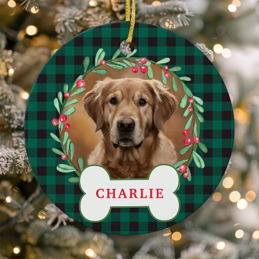 Groen & zwart geplakt hond Foto Kerst Krans Keramisch Ornament