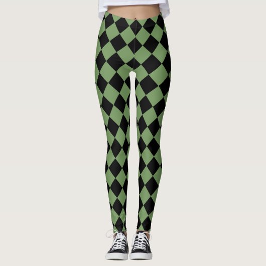 Groen Zwart Geruit Diamant Patroon Leggings (Voorkant)