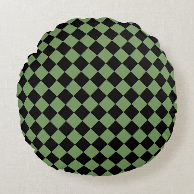 Groen Zwart Geruit Diamant Patroon  Rond Kussen (Voorkant)