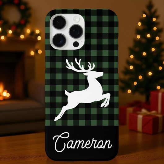 Groen & zwart geruit met rendier en eigen naam Case-Mate iPhone case
