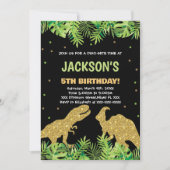 Groen Zwart Glitter Dinosaurus Verjaardag Uitnodig Kaart (Voorkant)