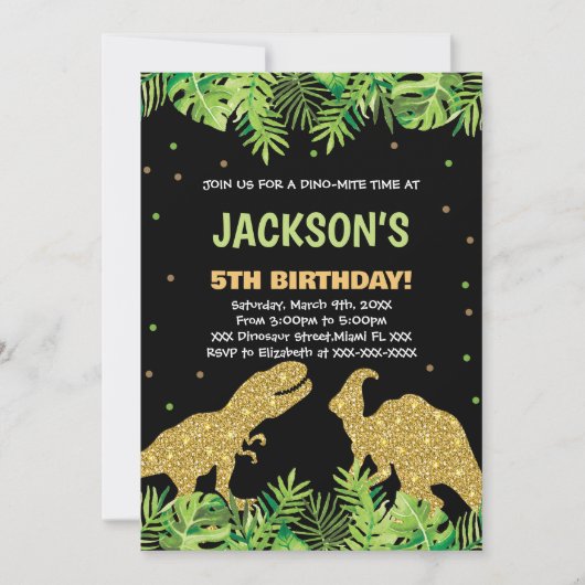 Groen Zwart Glitter Dinosaurus Verjaardag Uitnodig Kaart (Voorkant)