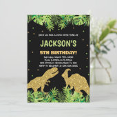 Groen Zwart Glitter Dinosaurus Verjaardag Uitnodig Kaart (Staand voorkant)