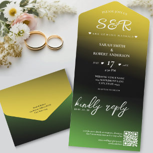Groen Zwart & Goud Jamaica Ombre QR Code Bruiloft All In One Uitnodiging