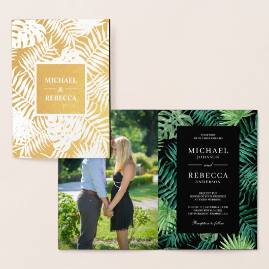 Groen Zwart Goud Palm Bladeren Bruiloft Uitnodigin Folie Kaarten (Display)