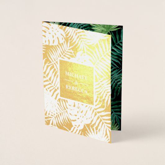 Groen Zwart Goud Palm Bladeren Bruiloft Uitnodigin Folie Kaarten (Voorkant)