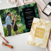 Groen Zwart Goud Palm Bladeren Bruiloft Uitnodigin Folie Kaarten