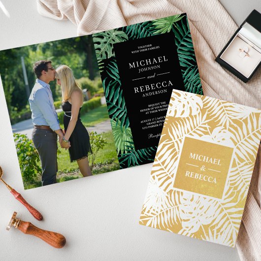 Groen Zwart Goud Palm Bladeren Bruiloft Uitnodigin Folie Kaarten