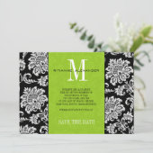 Groen Zwart Monogram Damast Trouw Save The Date Kaart (Staand voorkant)