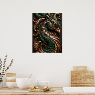 Groen Zwart Oranje Mozaïek Phoenix 3D Poster