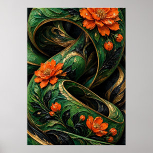 Groen Zwart Oranje Mozaïek Phoenix 3D Poster