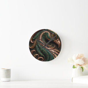 Groen Zwart Oranje Mozaïek Phoenix 3D Ronde Klok