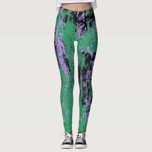 Groen zwart paarse textuur leggings (Voorkant)